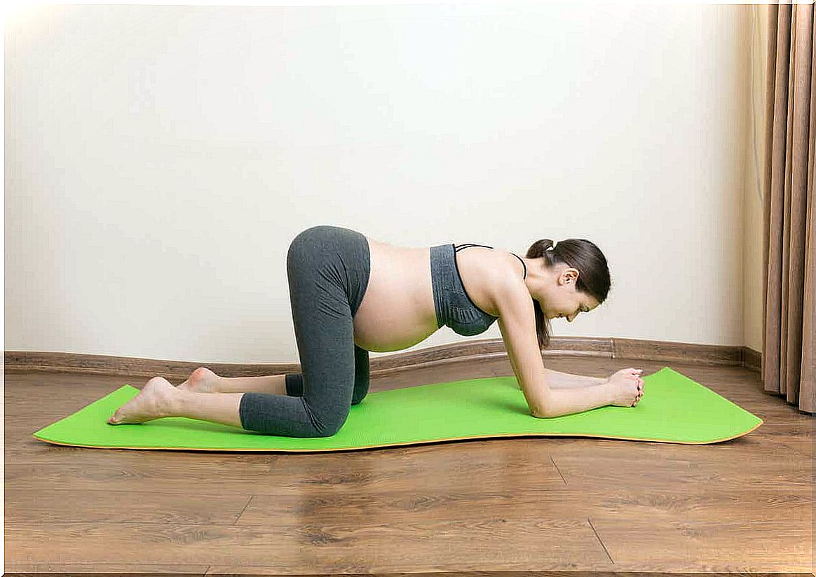 A pregnant woman exercising.