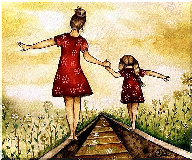 illustration of mother and daughter balancing on railroad tracks