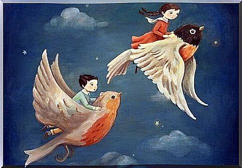 magical creatures: children fly on birds